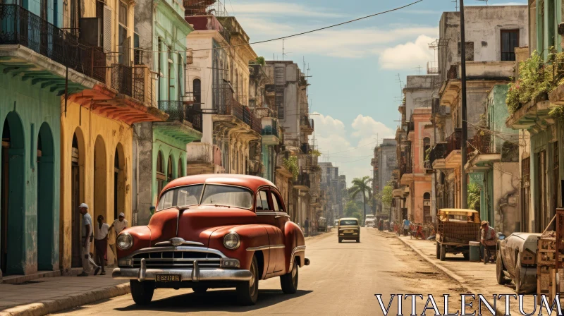 Classic Red Car Journeying through Old Cuban Street AI Image