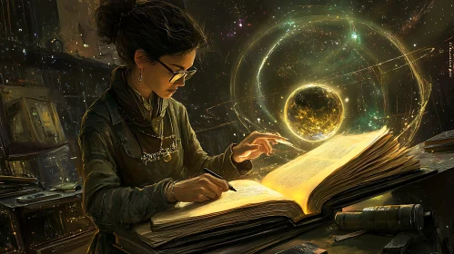 Woman writing in a book with planet