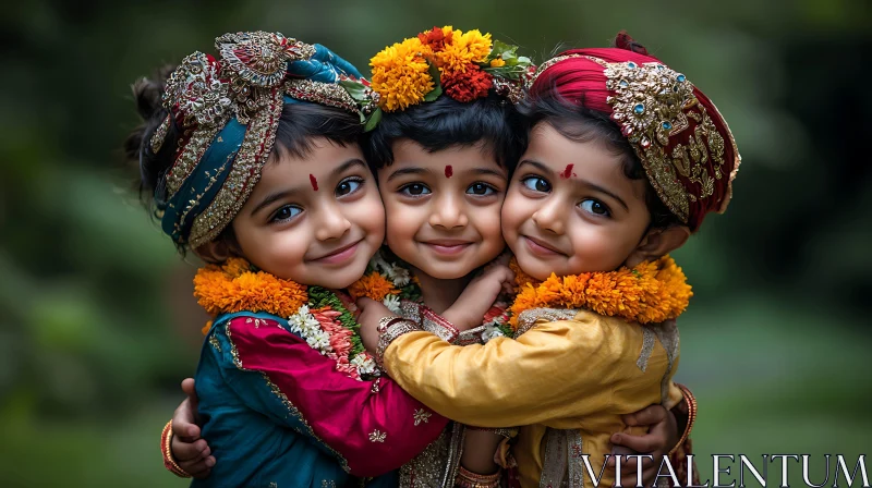 Three Children Embrace with Flower Garlands AI Image