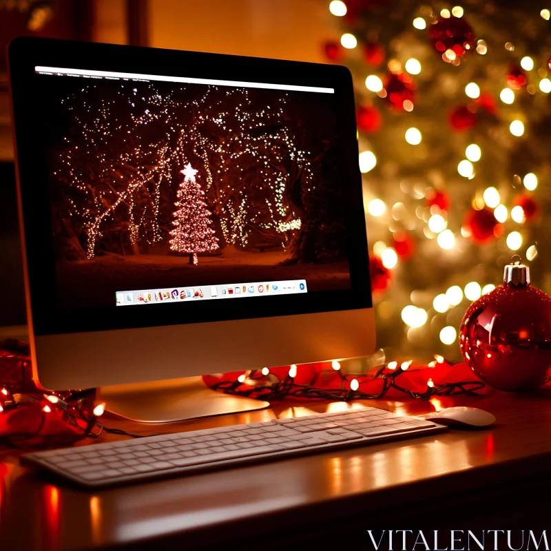 Desktop Displaying Holiday Cheer with Christmas Tree AI Image