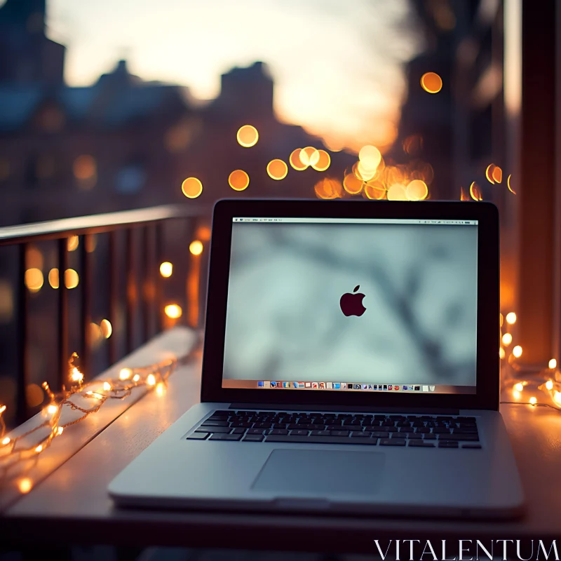 Evening Cityscape with Laptop and Bokeh AI Image