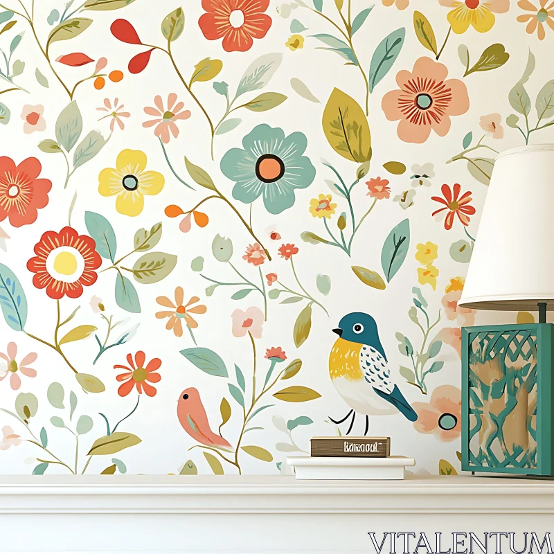 Cheerful Floral and Bird Wallpaper AI Image