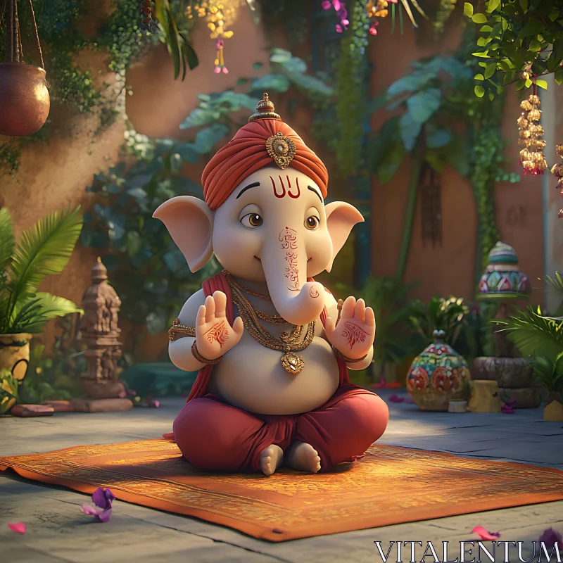 Cartoon Ganesha Meditating in Garden AI Image