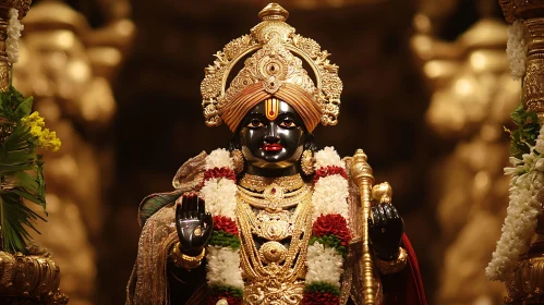 Ornate Hindu God Statue with Floral Garland