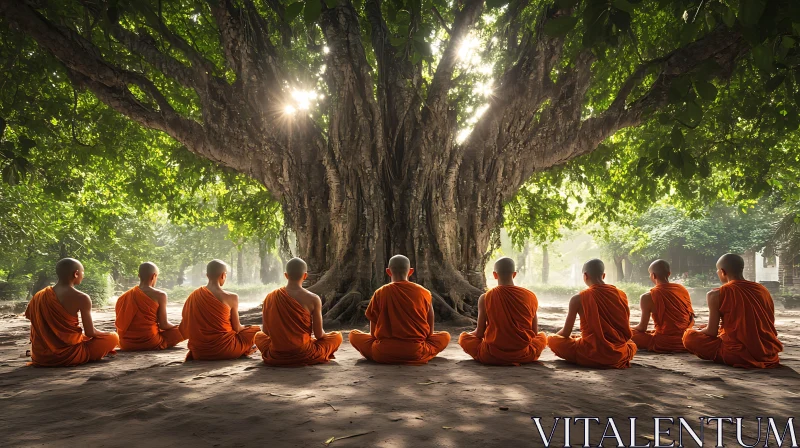 Meditative Monks Under Tree Canopy AI Image