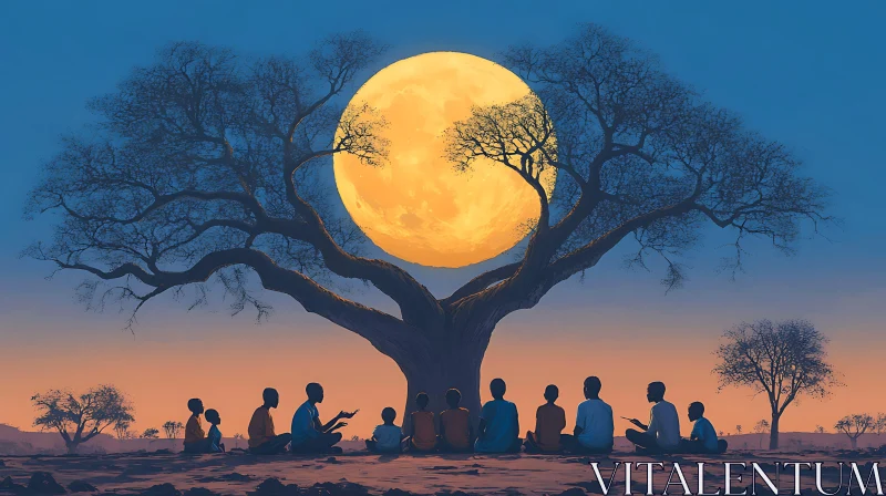 AI ART Tranquil Moonlight Gathering Under the Tree