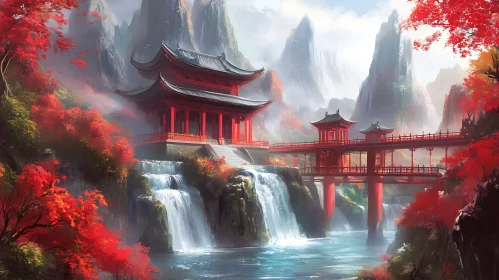 Autumnal Temple by the Waterfall