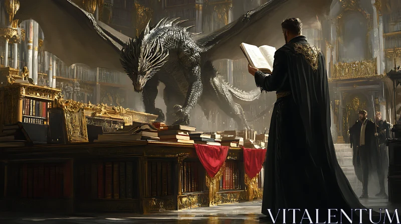 Scholar and Dragon in Library AI Image