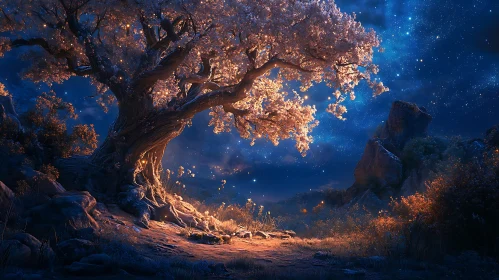 Night Landscape with Glowing Tree