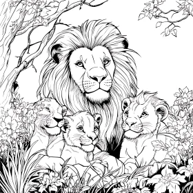 Monochrome Lion and Cubs