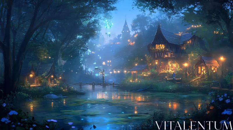 Tranquil Lakeside Village at Nightfall AI Image