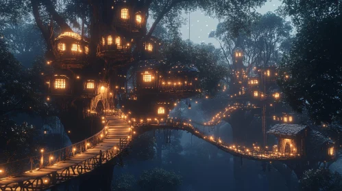 Fantasy Treehouse City at Night