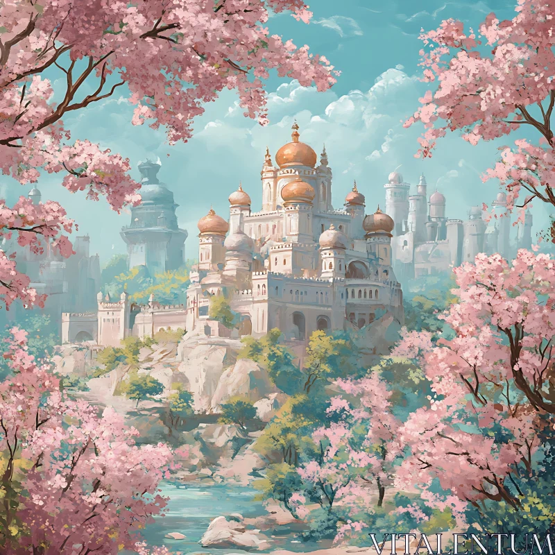 AI ART Fairytale Castle with Pink Flowers