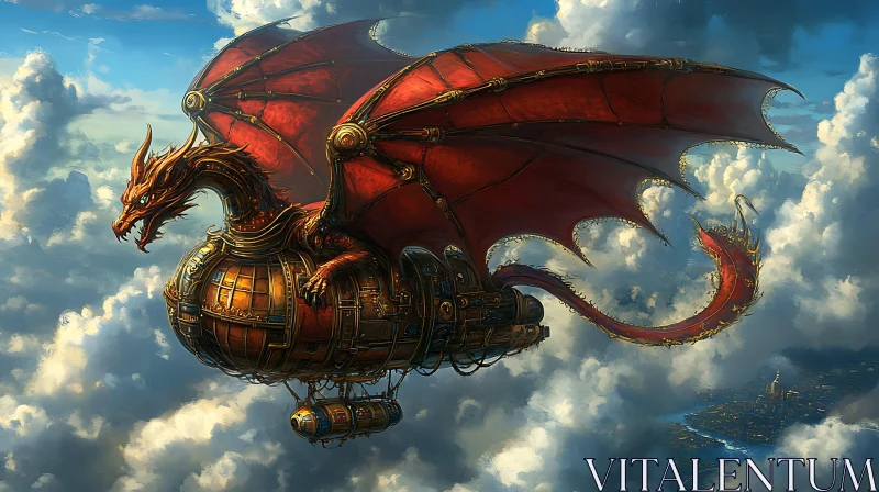 AI ART Mechanical Dragon Soaring Above Clouds