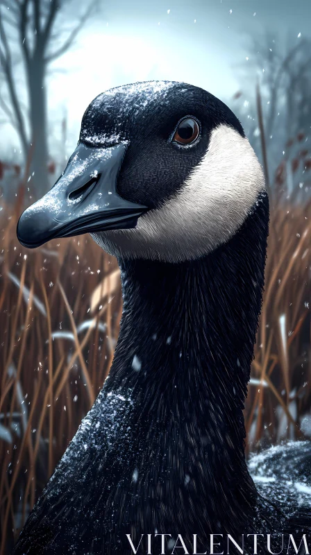 Goose Amidst Snowy Reeds AI Image