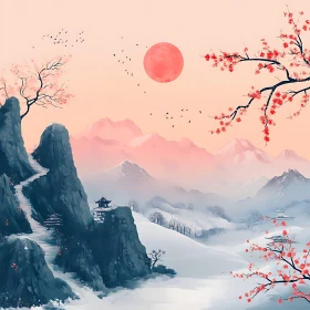 Serene Mountain View with Red Sun