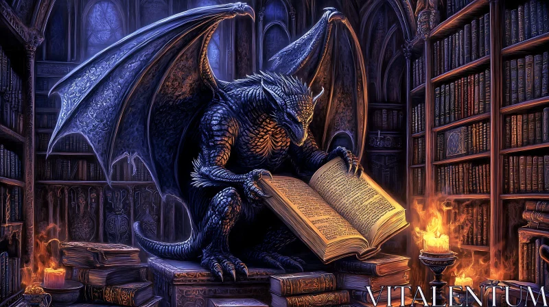 AI ART Scholarly Dragon in Dimly Lit Library