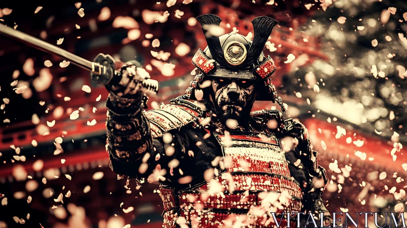 Warrior with Katana and Cherry Petals AI Image