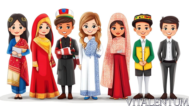 Kids Traditional Costumes Cartoon AI Image