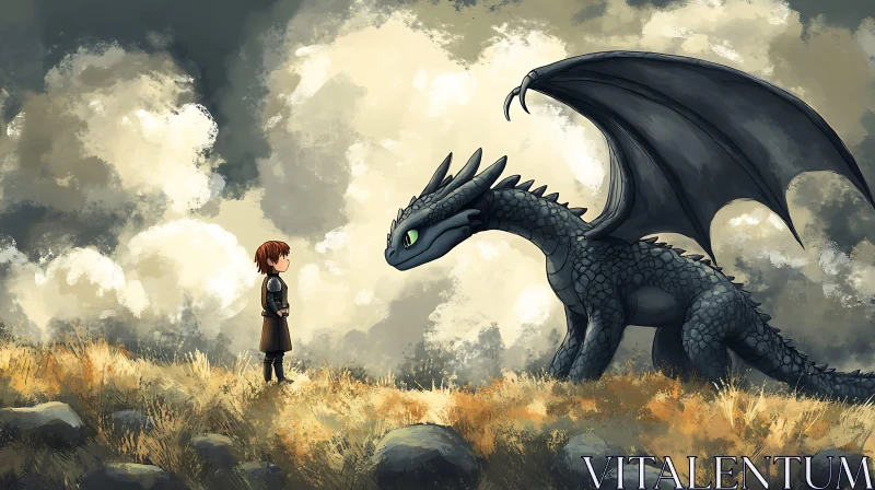 AI ART Dragon and Boy in Field