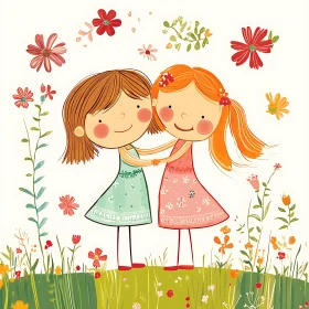 Cartoon Girls Embracing in Flower Field