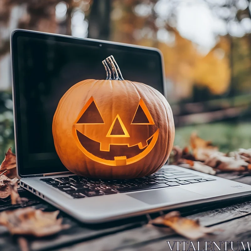 Pumpkin Jack-o'-lantern on Laptop Amidst Fall Leaves AI Image