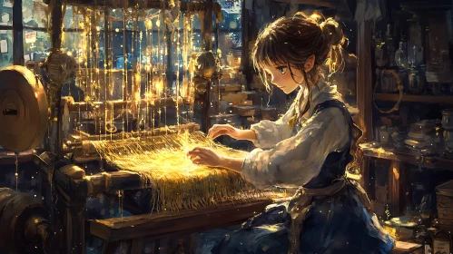 Anime Woman at Weaving Loom