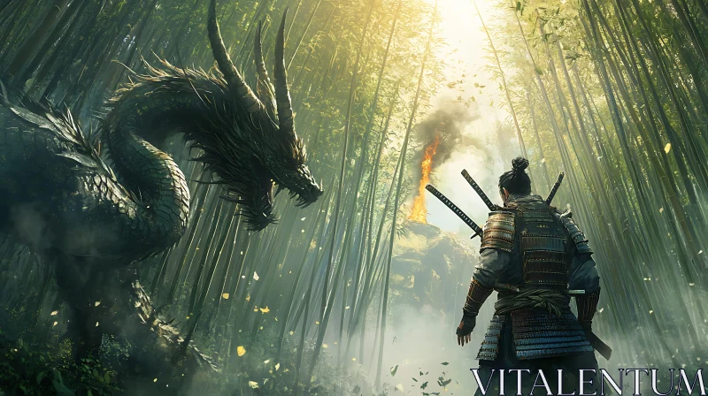 Warrior Confronts Dragon in Bamboo Forest AI Image