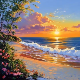 Tranquil Beach Sunset Painting with Flowers
