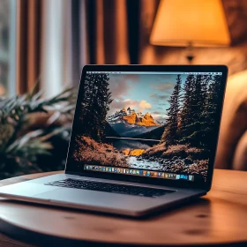 Laptop with Mountain Landscape Wallpaper on Wooden Table