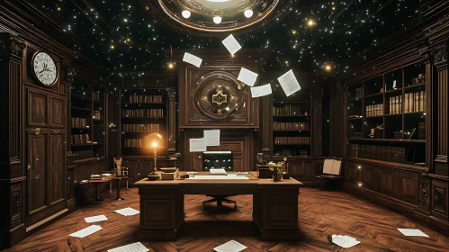 Luxurious Library Interior with Celestial Ceiling