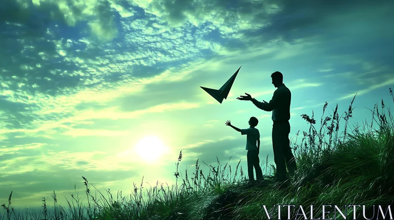 AI ART Silhouette of Father and Son Flying Paper Plane