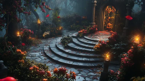 Mystical Garden Steps with Floral Illumination