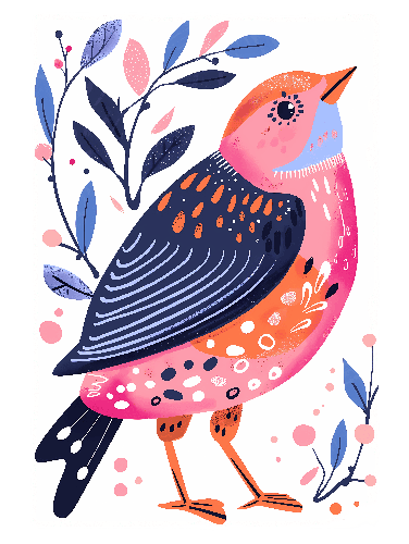 POD Design Digital Folk Art Illustration of a Pink and Blue Bird