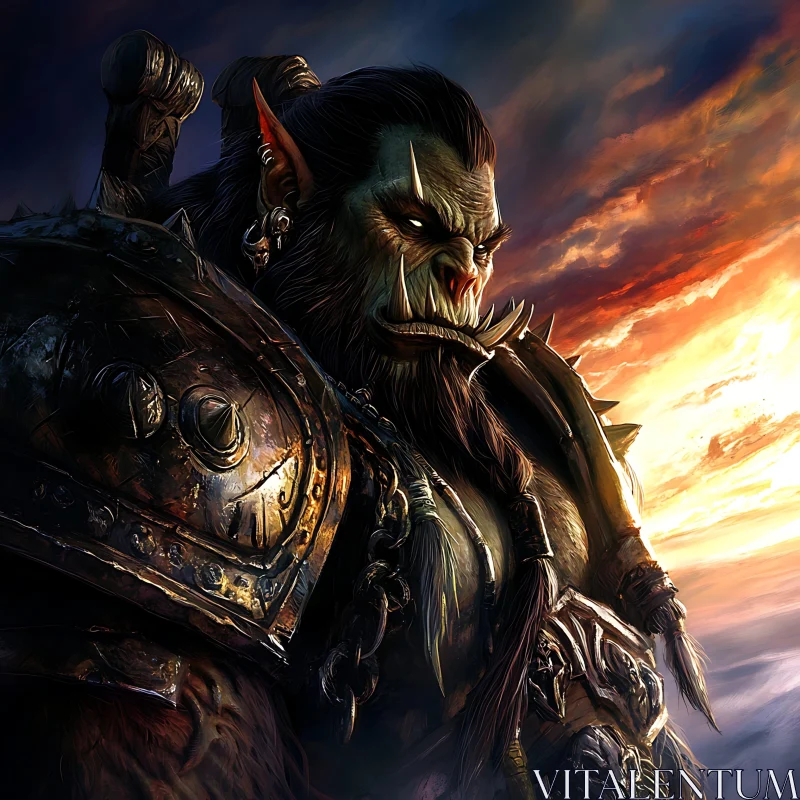 Orc Warrior Portrait with Sunset AI Image