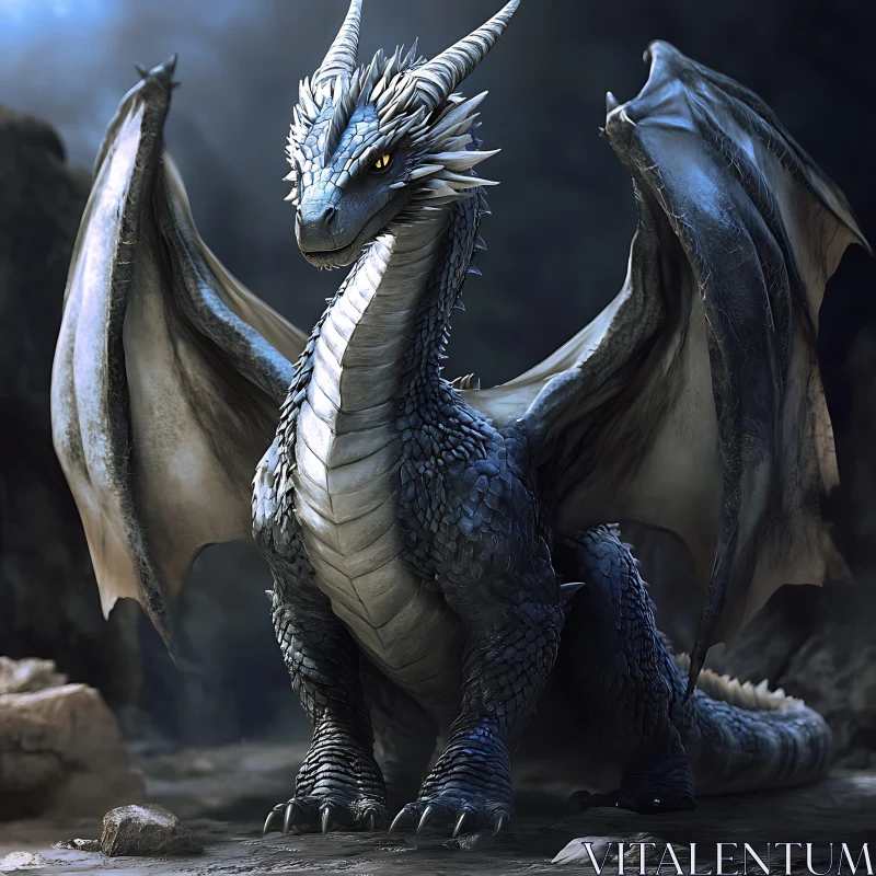 Icy Scale Dragon on Rocky Ground AI Image