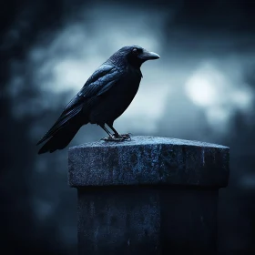 Dark Raven on Stone Post