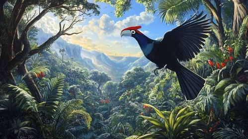 Exotic Bird in Flight Over Tropical Forest