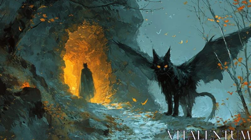Enigmatic Dark Fantasy Painting: Black Cat with Wings in Forest AI Image