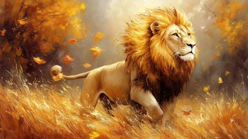 Regal Lion Striding Through Fall