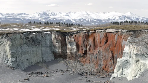 Geological Marvel with Snow-Capped Mountain Backdrop