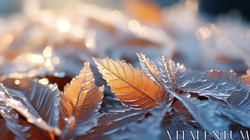 Frosted Autumn Leaves in Sunlight: A Mesmerizing Nature Display AI Image