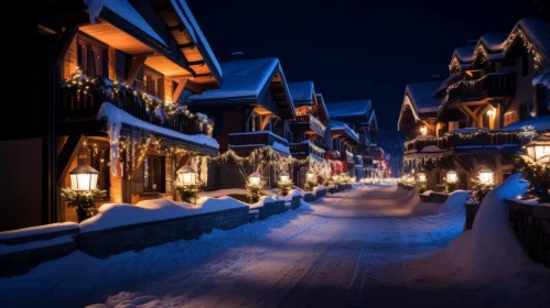 Luxurious Snowy Village Illuminated by Christmas Lights