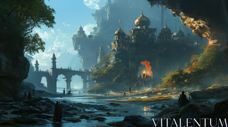 Majestic Fantasy Landscape Painting | Ruined City, Mountains, River AI Image