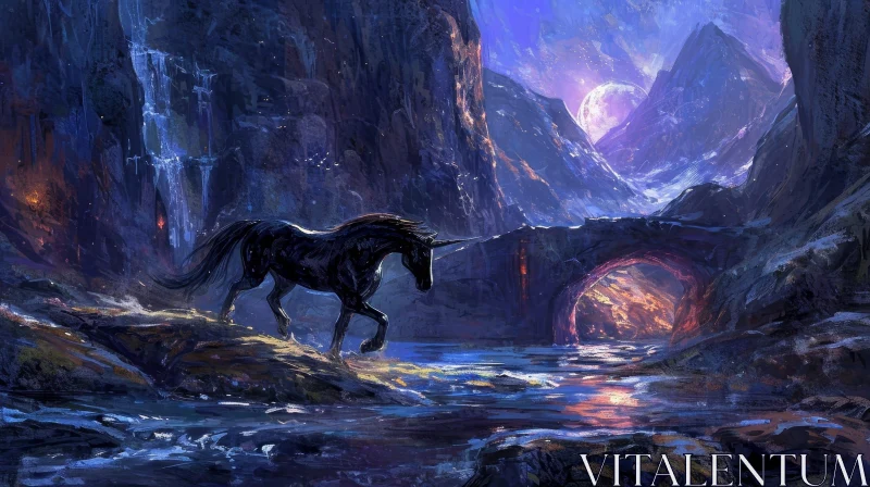 Majestic Unicorn in Dark and Mystical Landscape AI Image