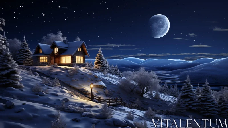Moonlit House on Snowy Hills - A Romantic Winter Landscape AI Image