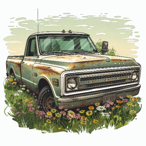 Rusty Pickup Truck in Flower Field - A Serene Nature Scene