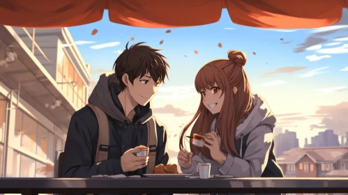 Warm Tones Anime Couple Enjoying Outdoor Meal