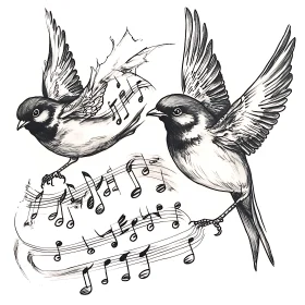 Monochrome Birds with Musical Notes Art