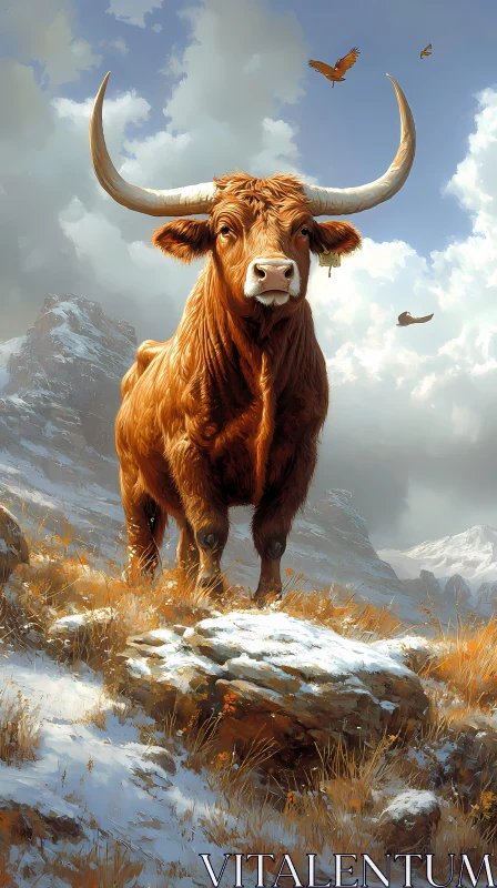 Bull in Snowy Mountain Landscape AI Image